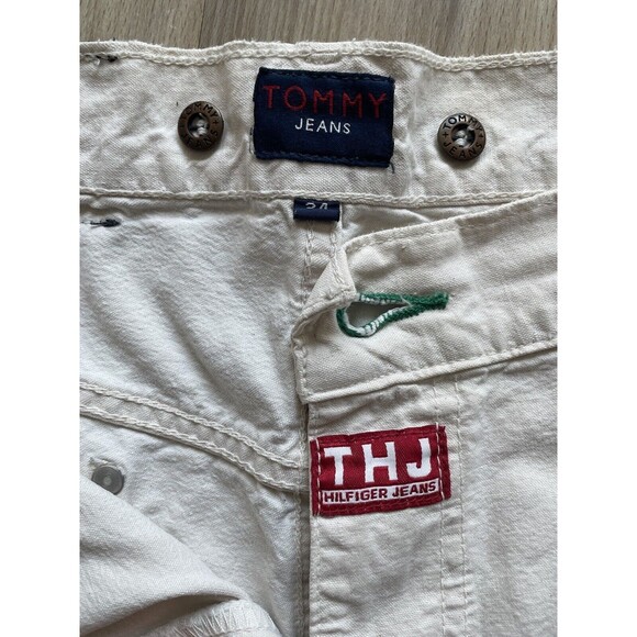 VTG  Tommy Jeans Work Workwear White Beige Fringe Distressed Sz 34 Knee Pocket - Picture 3 of 5